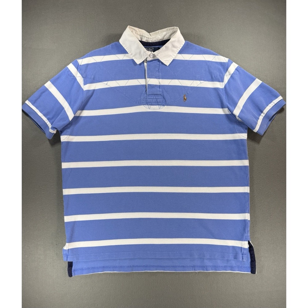 Sz XL - VTG Polo Ralph Lauren blue white striped short sleeve padded Rugby Shirt